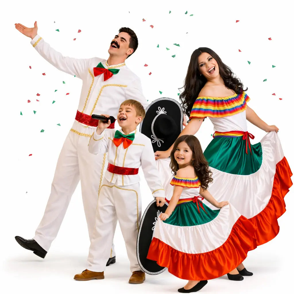 Grupo disfrazado de temática mexicana con trajes coloridos coordinados para Carnaval