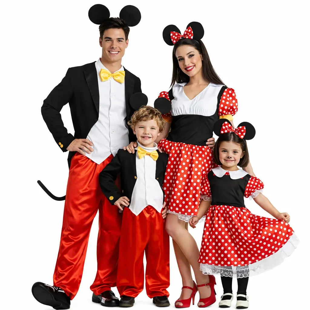 Grupo de amigos disfrazados de Mickey y Minnie posando juntos en Carnaval