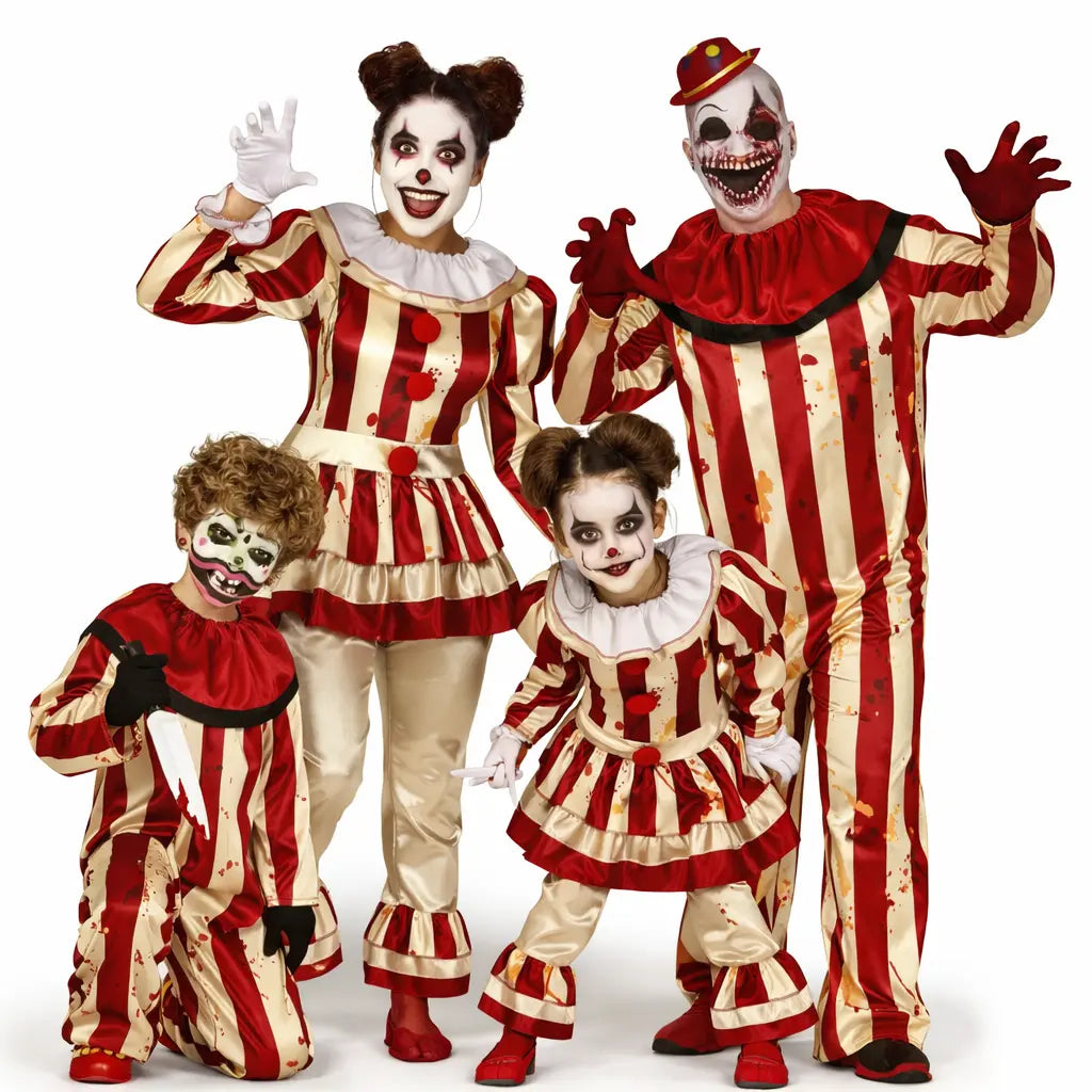 Grupo de amigos disfrazados de payasos del horror con maquillaje terrorífico en Halloween
