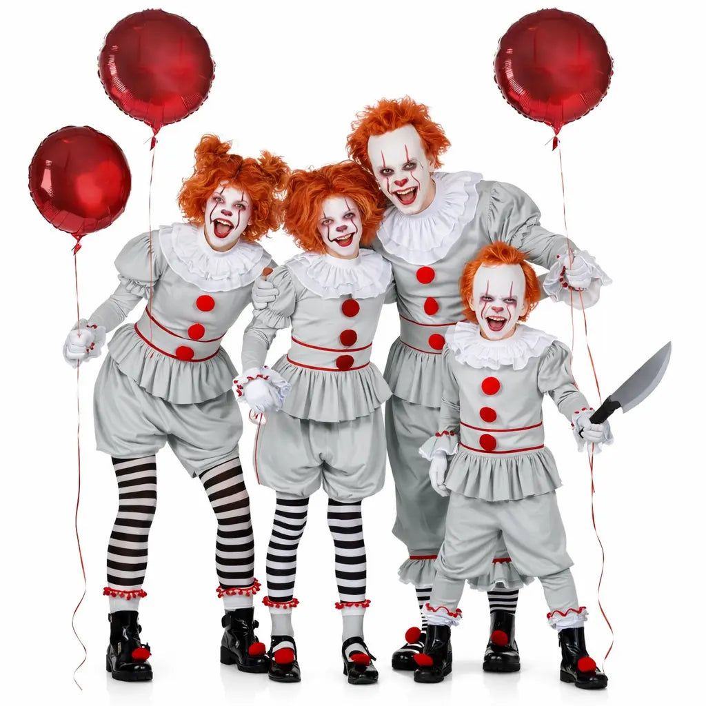 Grupo de amigos disfrazados de payasos malvados con estética de circo terrorífico en Halloween