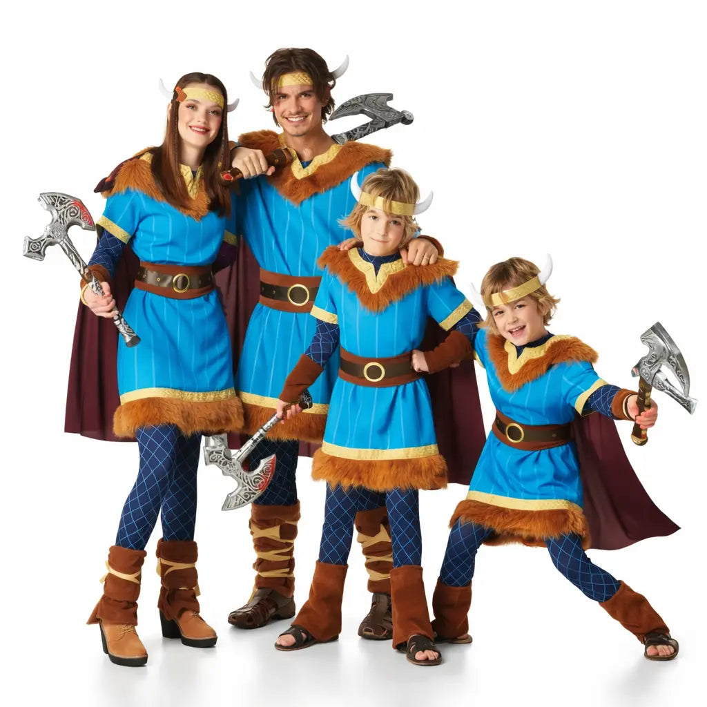 Grupo de amigos disfrazados de vikingos con estilo nórdico en Carnaval