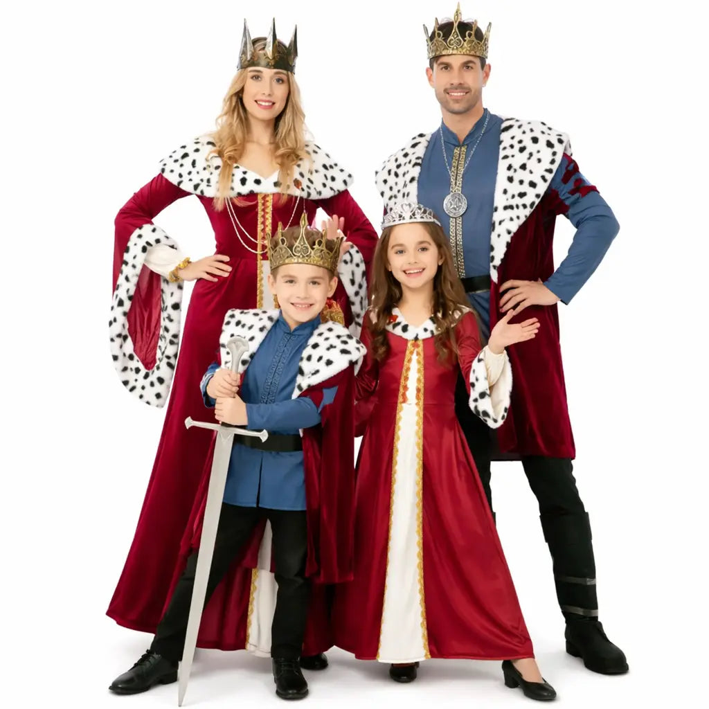 Grupo de familia disfrazada de nobleza medieval con vestidos granate y trajes elegantes para Carnaval o fiesta temática