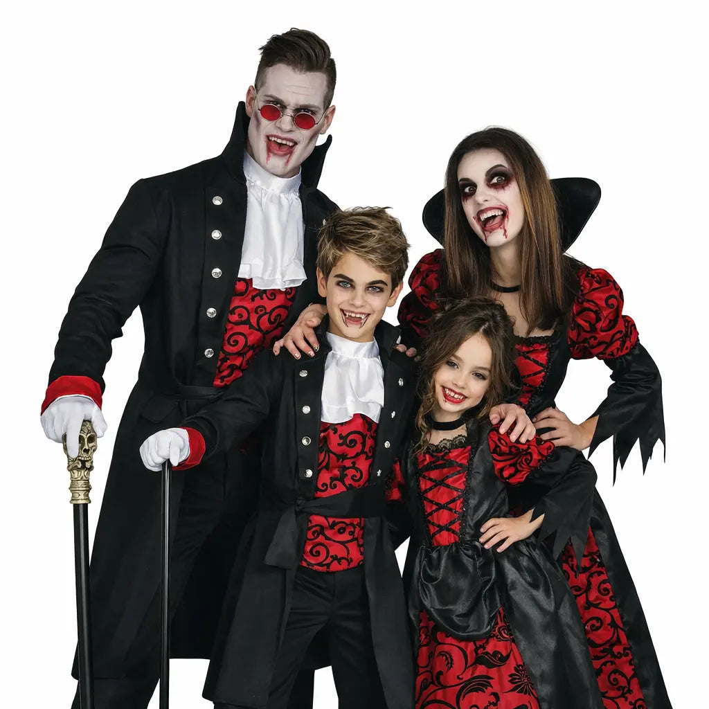 Grupo de amigos disfrazados de vampiros clásicos en Halloween con capas oscuras y maquillaje terrorífico