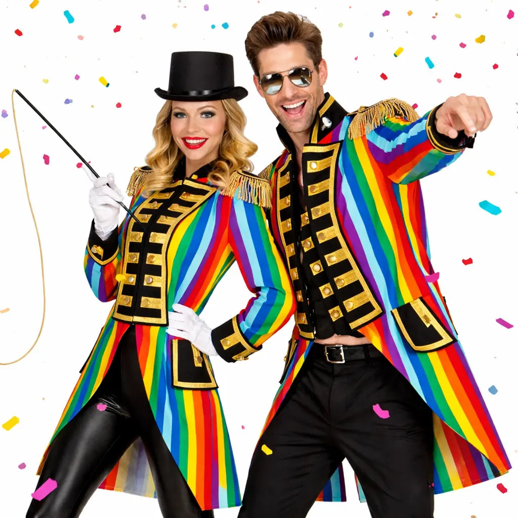 pareja disfrazada de presentadores de circo con chaquetas arcoíris coloridas en fiesta o Carnaval