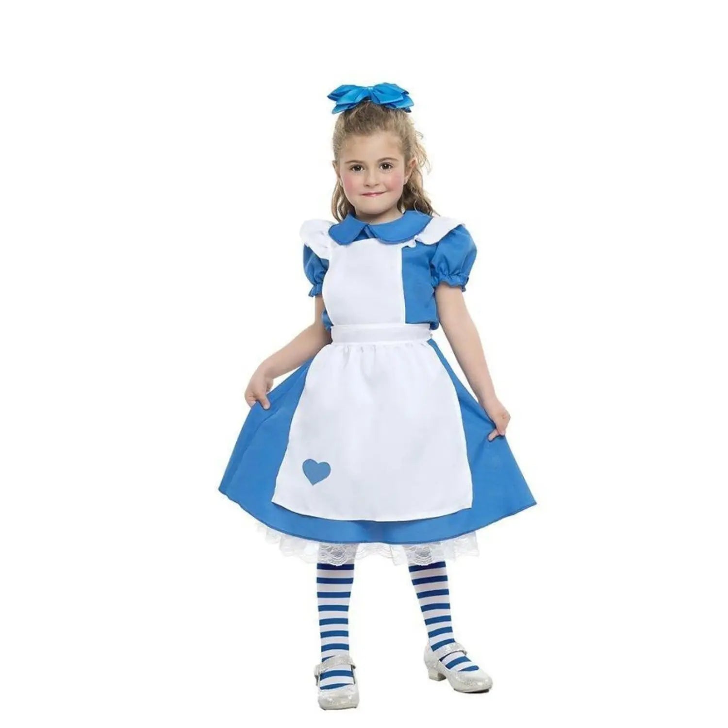 Disfraz de Alicia para niña con vestido azul, delantal blanco y calcetas ideal para Carnaval o fiestas escolares