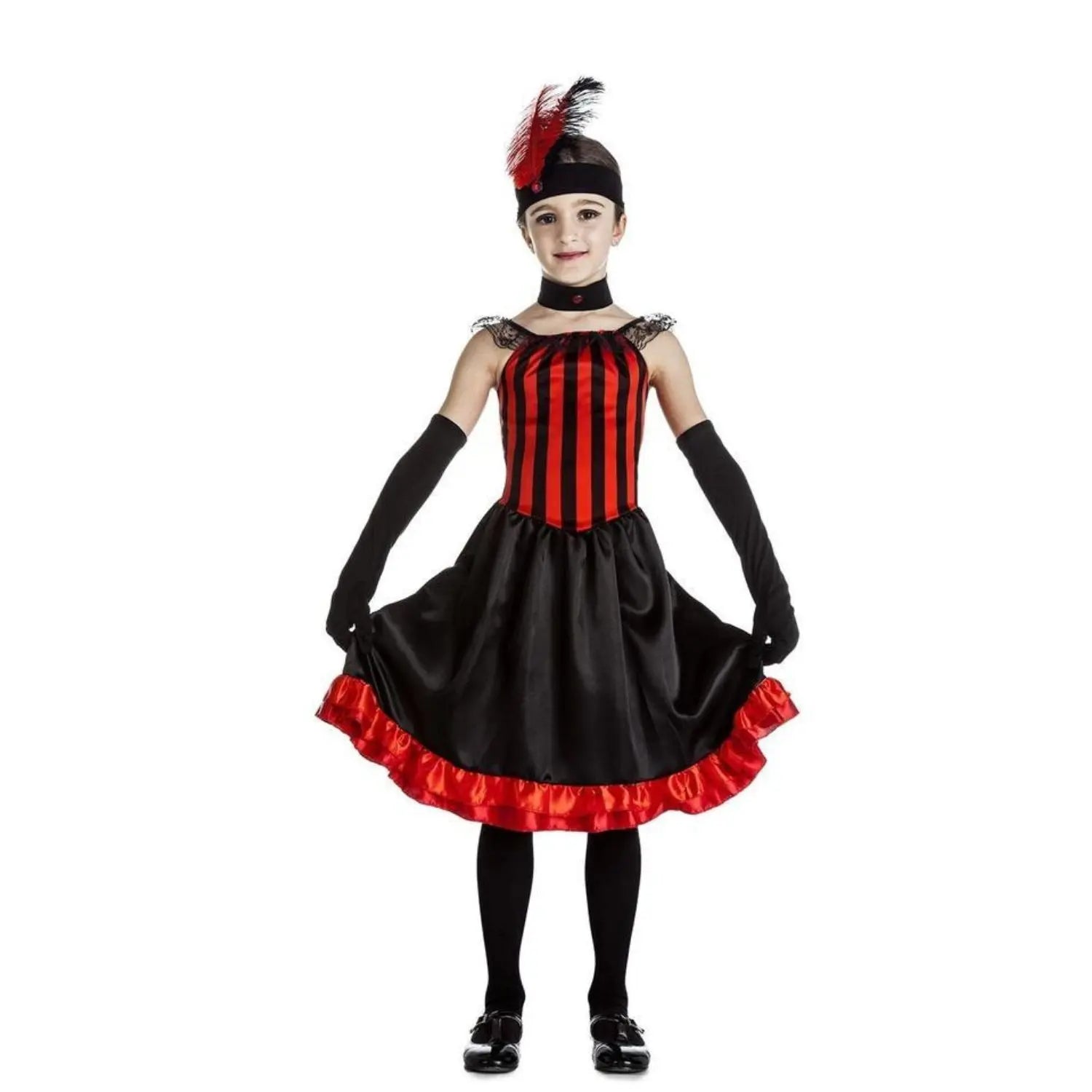 Disfraz Charleston para niña con vestido de flecos, gargantilla y cinta de cabeza estilo años 20