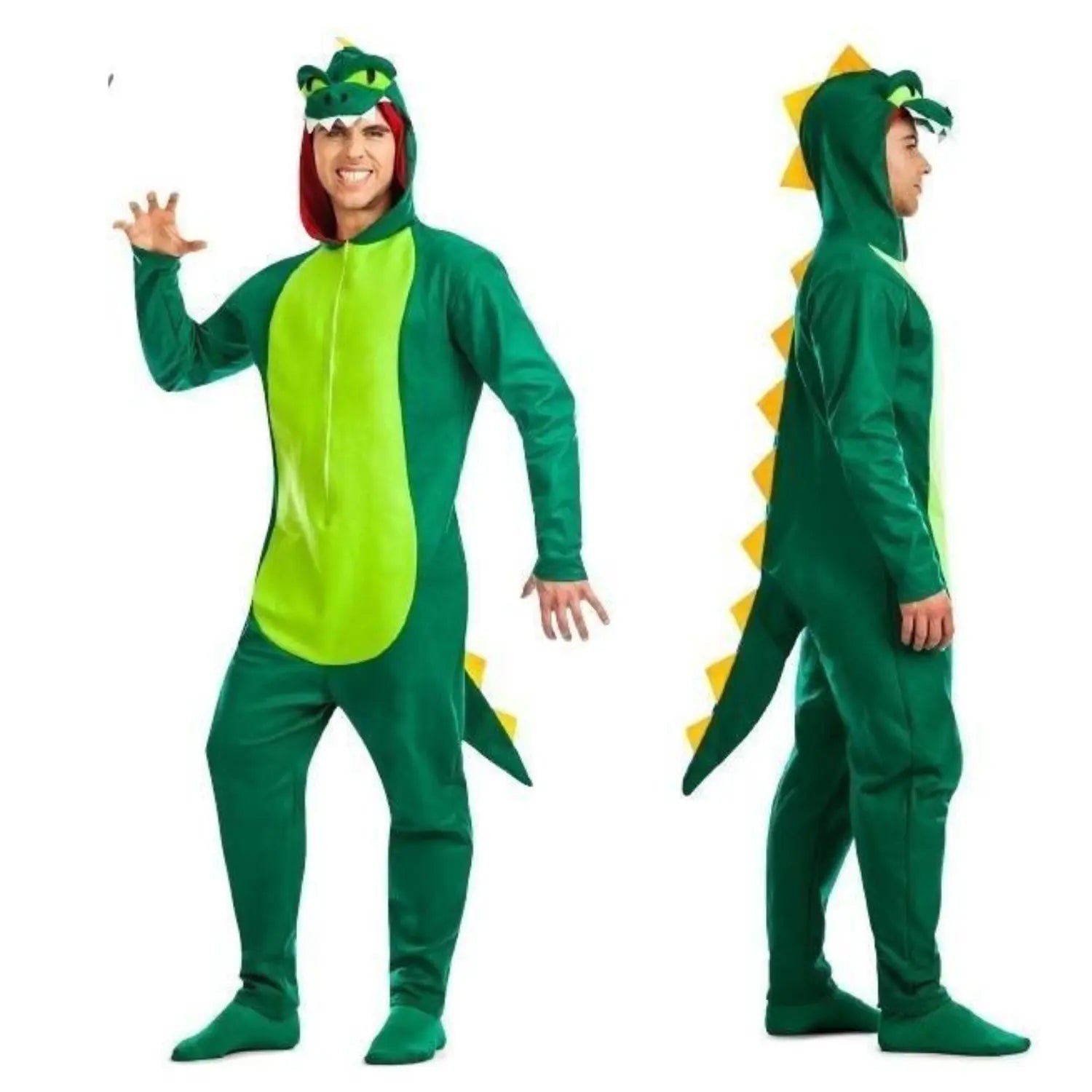 Disfraz de dinosaurio verde para adulto con mono completo, cola y cabeza incluida, ideal para Carnaval o fiestas temáticas