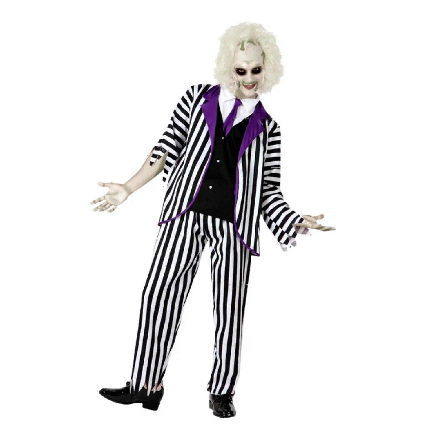 Disfraz Fantasma Rayas adulto inspirado en Bitelchús con chaqueta y pantalón de rayas