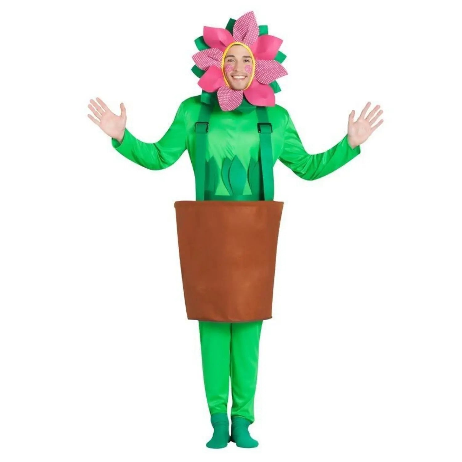 Disfraz de maceta con girasol para adulto con capucha de flor, mono completo y maceta con tirantes para Carnaval