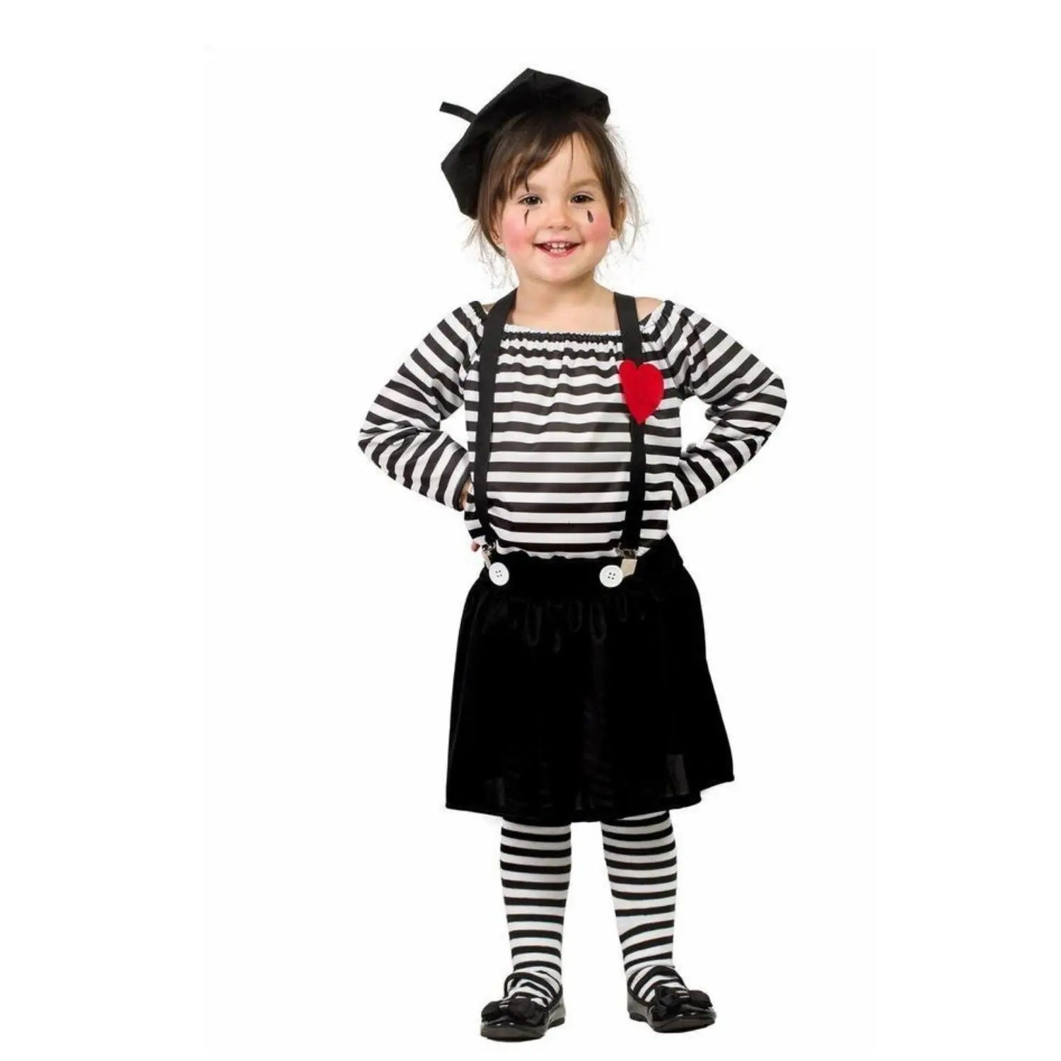 Disfraz de mimo para niña con boina, camisa, falda, tirantes, medias y guantes para Carnaval o fiesta escolar