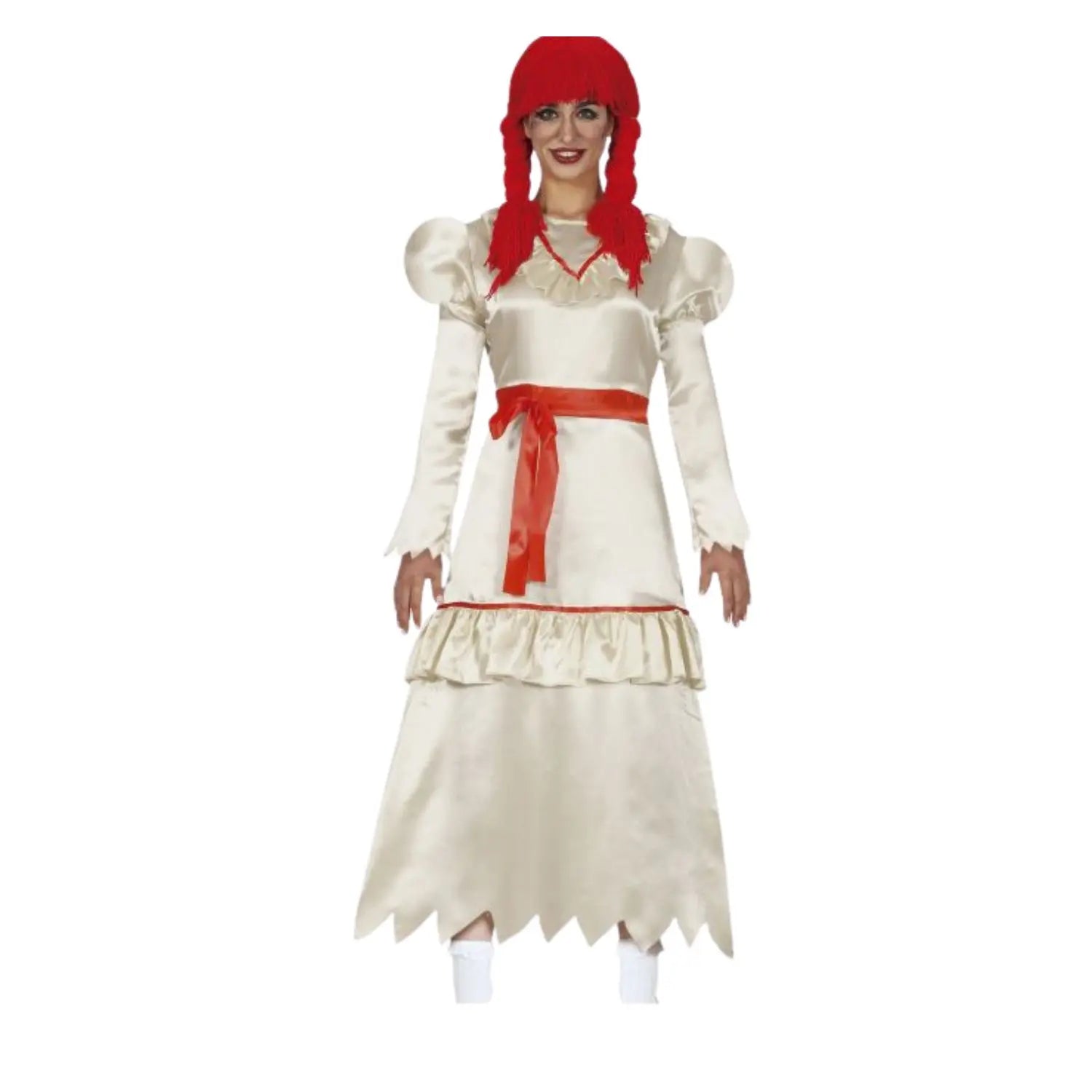 Disfraz Muñeca Diabólica para adulta con vestido blanco de aspecto terrorífico