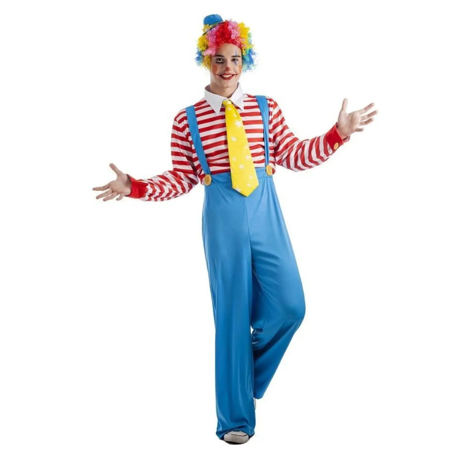 Disfraz de payaso de rayas adulto con camisa, corbata, pantalón con tirantes y tocado para Carnaval o fiestas temáticas
