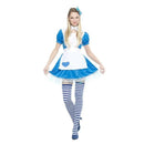 Disfraz de Alicia para chica con vestido azul, delantal blanco, tocado y calcetas para Carnaval o fiestas temáticas