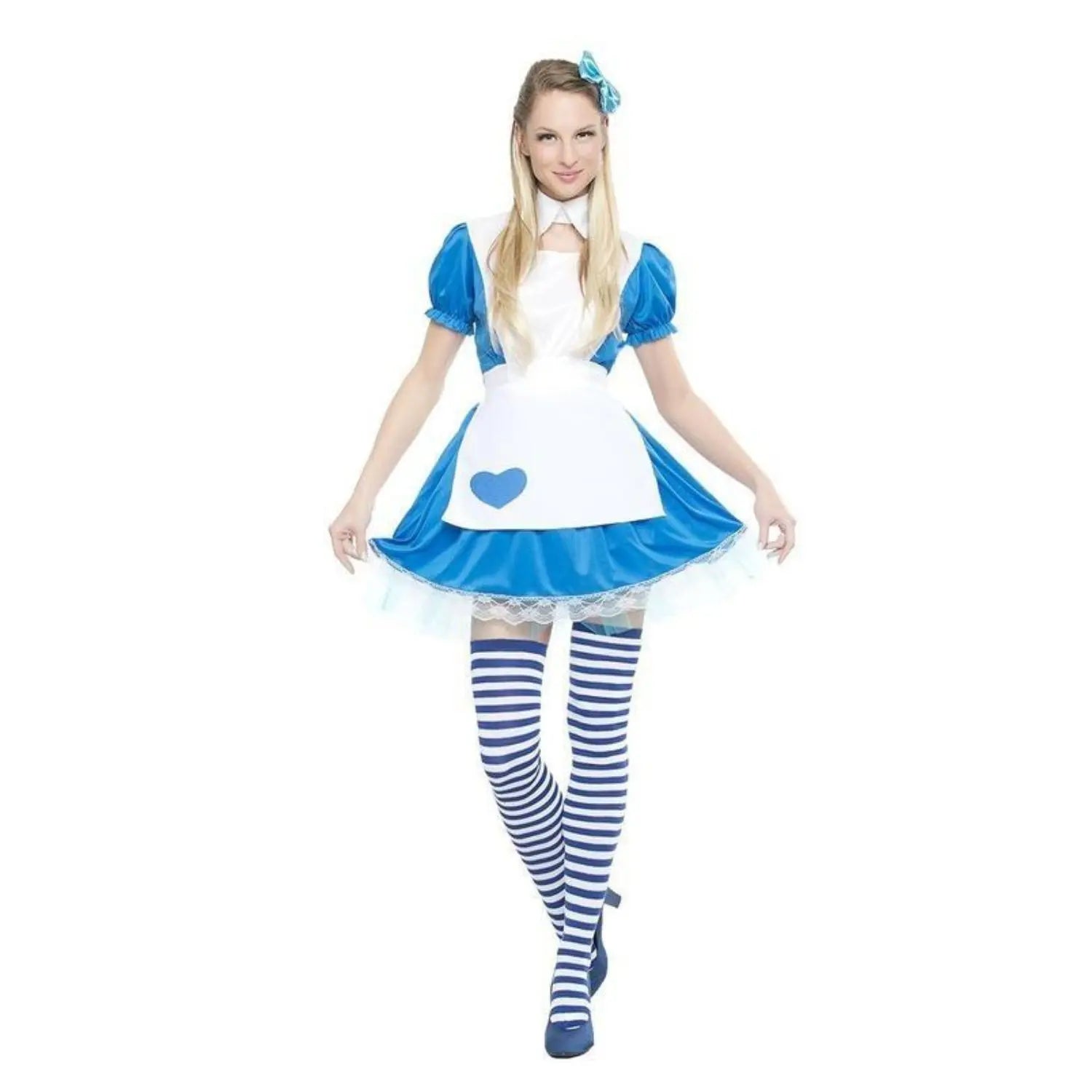 Disfraz de Alicia para chica con vestido azul, delantal blanco, tocado y calcetas para Carnaval o fiestas temáticas