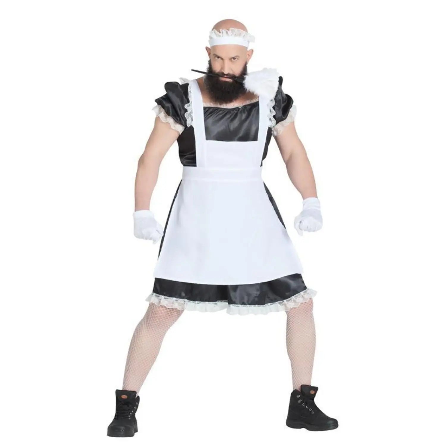 Disfraz de asistenta para hombre con vestido, delantal, cofia y gargantilla ideal para Carnaval y fiestas divertidas
