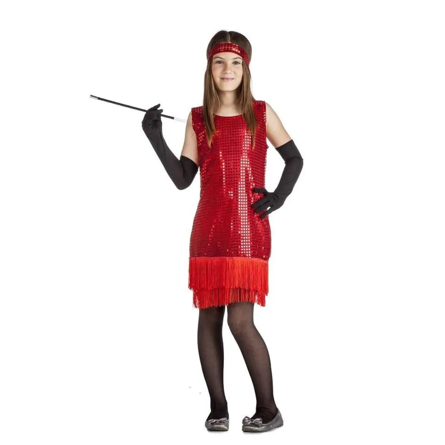 Disfraz de charlestón rojo infantil con vestido elegante y cinta para la cabeza estilo años 20
