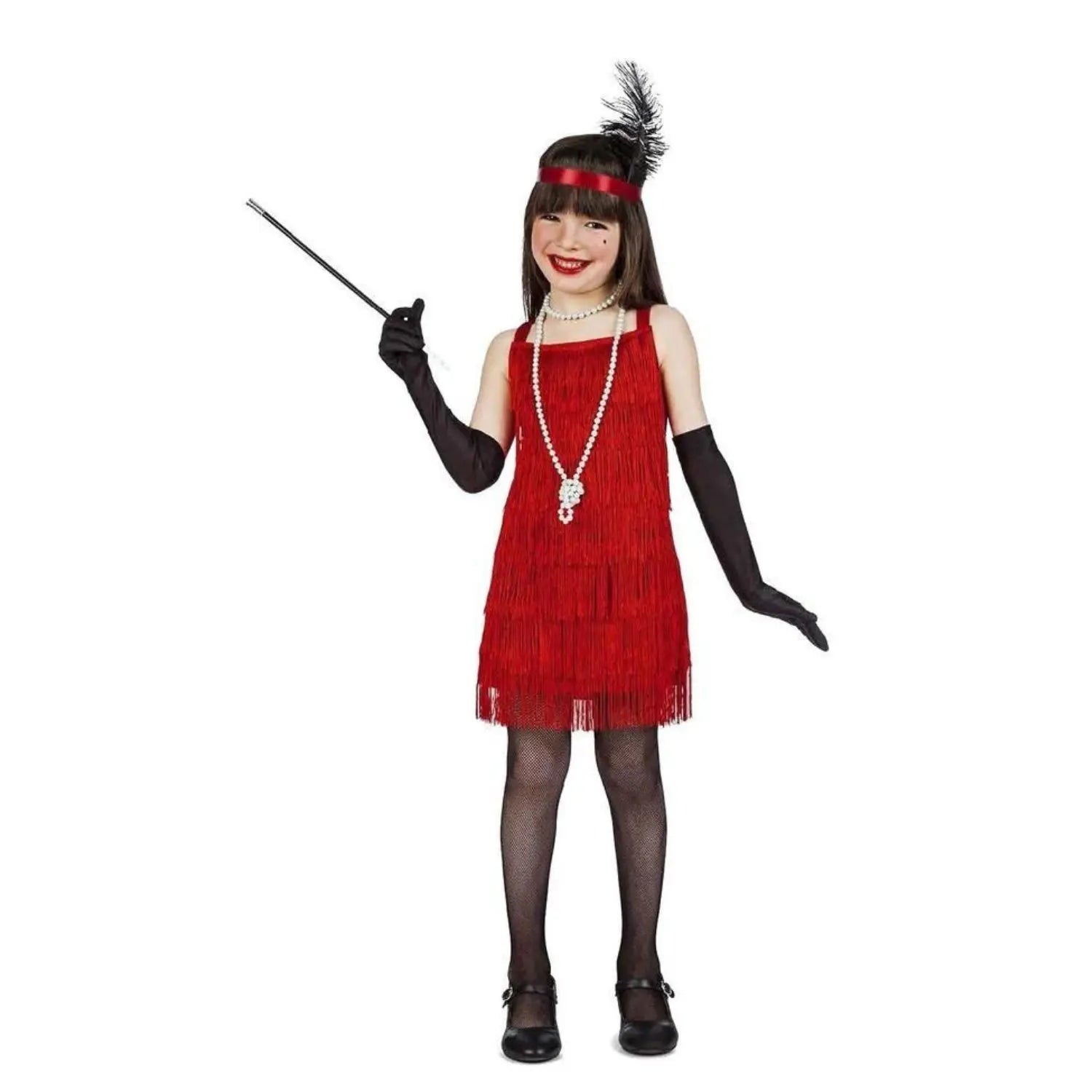Disfraz de charlestón infantil rojo con flecos y cinta con pluma estilo años 20