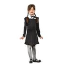Disfraz de Miércoles Addams infantil con vestido negro y medias para Halloween y Carnaval
