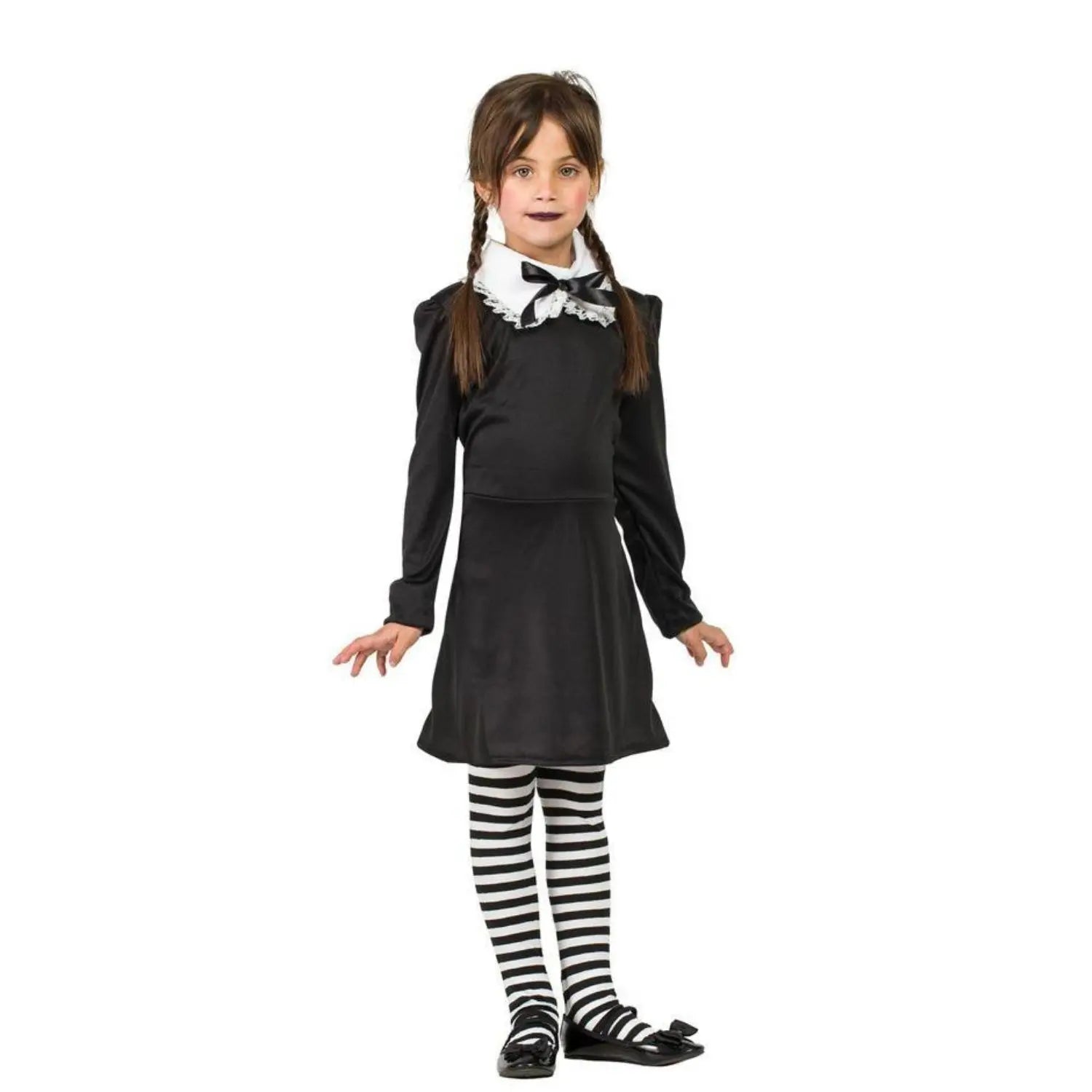 Disfraz de Miércoles Addams infantil con vestido negro y medias para Halloween y Carnaval