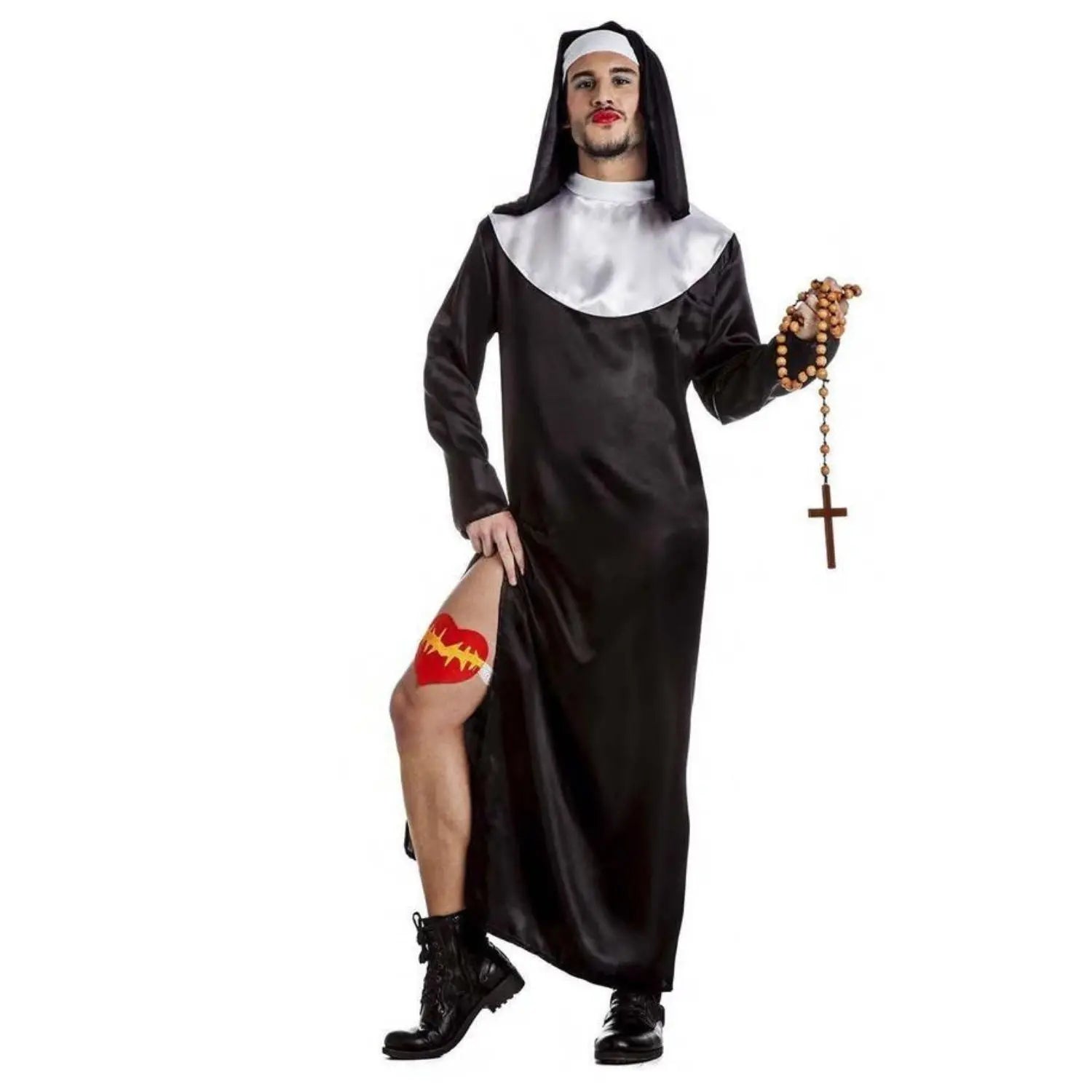 Disfraz de monja sexy para hombre con túnica corta, liga y tocado ideal para Carnaval y fiestas temáticas