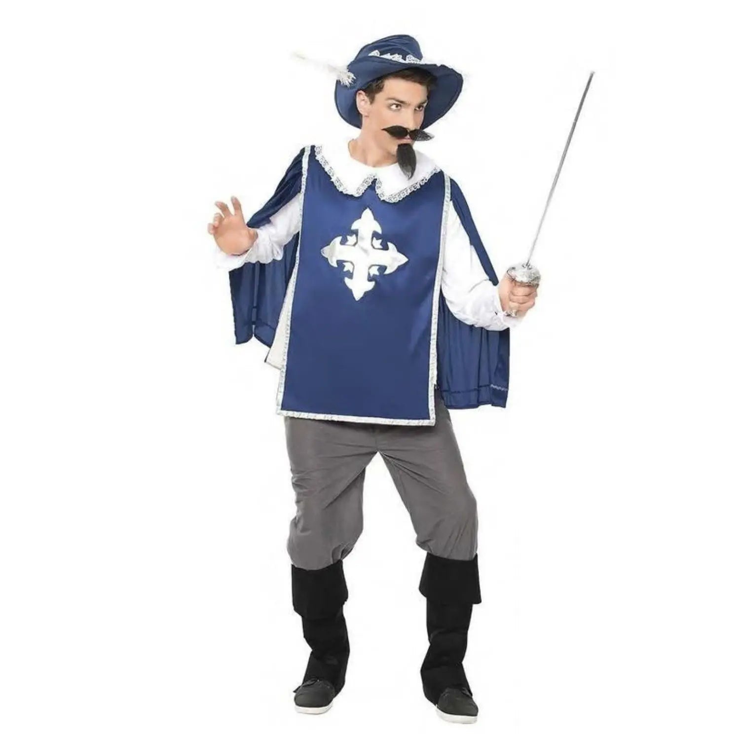 Disfraz de mosquetero para adulto con camisa, peto, pantalones, sombrero y cubrebotas estilo época clásico