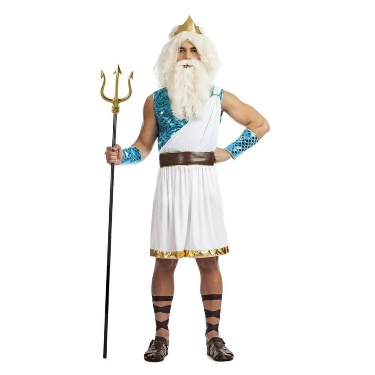Disfraz de Neptuno para adulto con túnica, coraza, corona y accesorios de dios del mar para Carnaval o fiestas temáticas