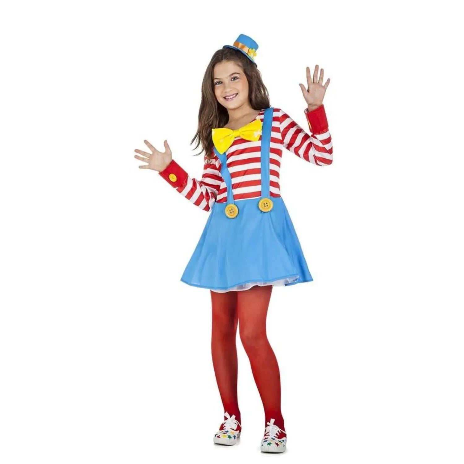 Disfraz de payasa infantil con vestido de tirantes, camisa, tocado y pajarita colorida para Carnaval
