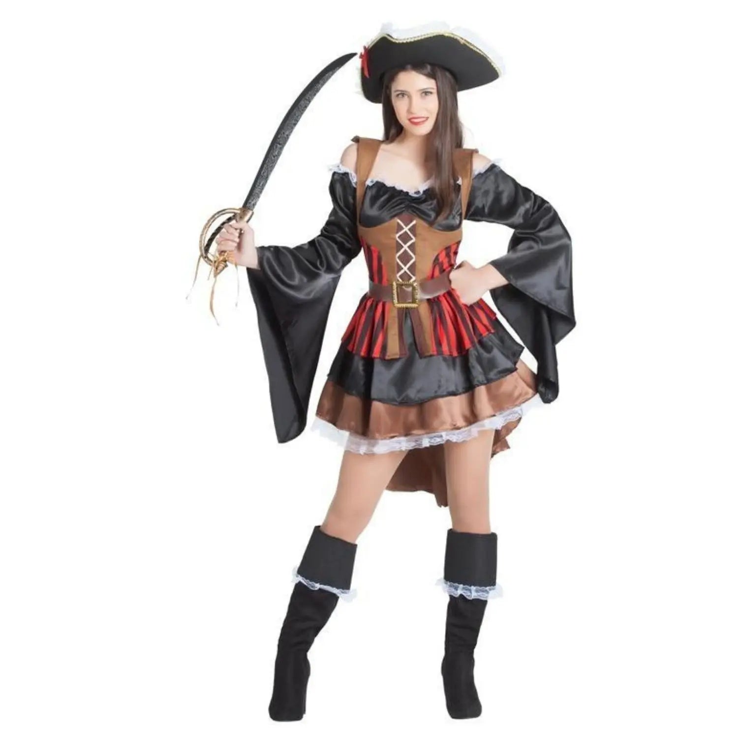 Disfraz de pirata original para mujer con vestido, cinturón y cubrebotas ideal para Carnaval y fiestas temáticas