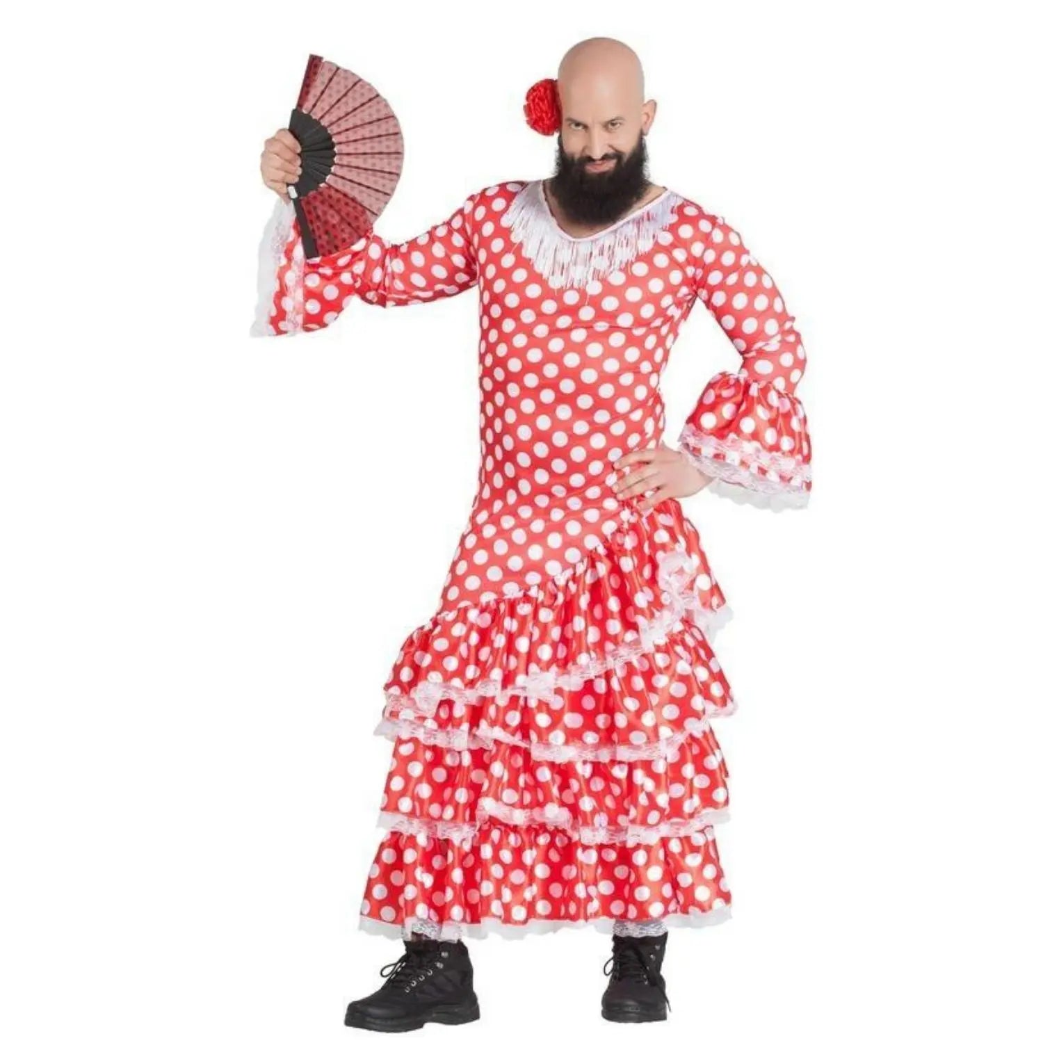 Disfraz de sevillana para adulto con vestido de volantes ideal para Carnaval, ferias y fiestas temáticas