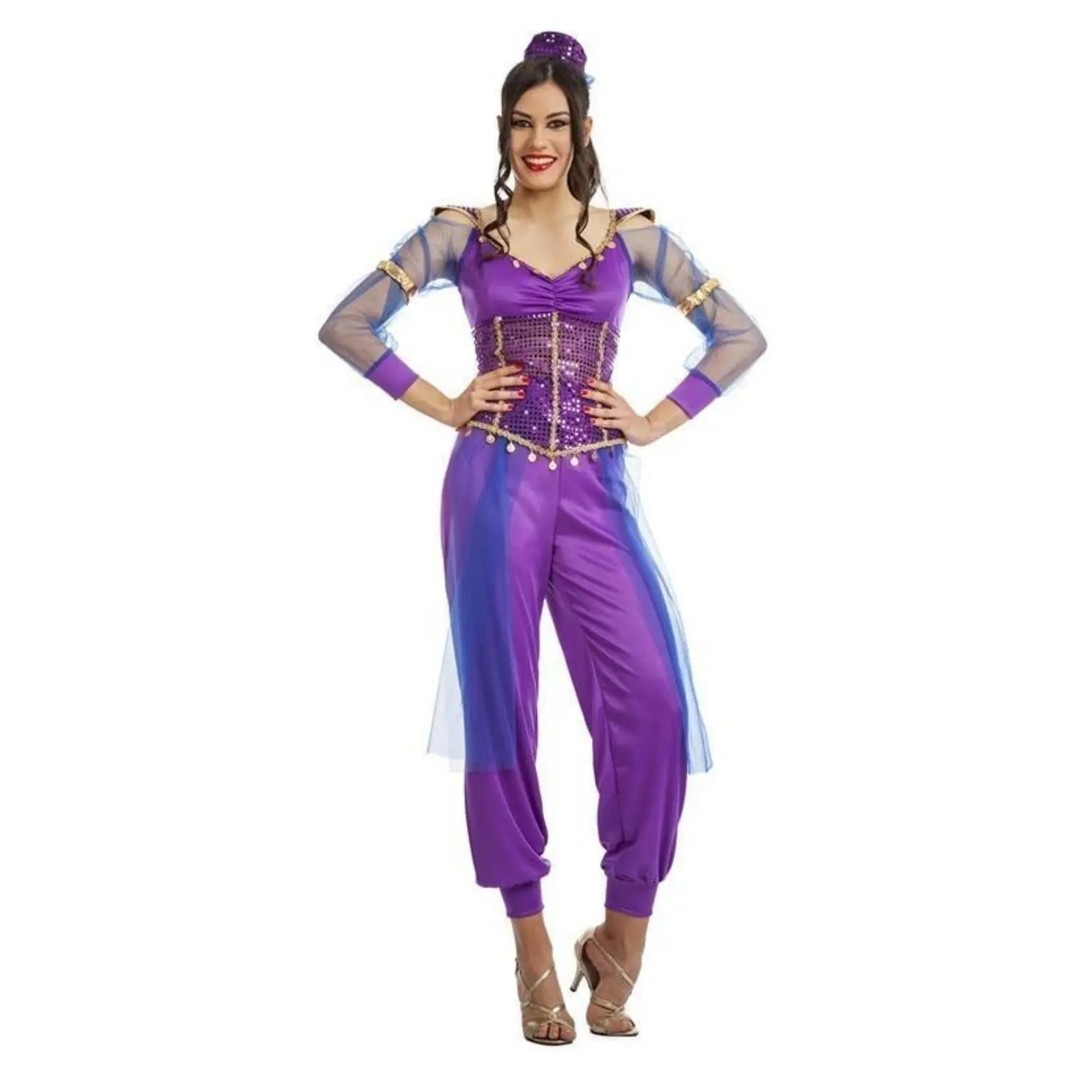 Disfraz de las Mil y Una Noches para adulto con blusa, pantalones y tocado estilo árabe elegante