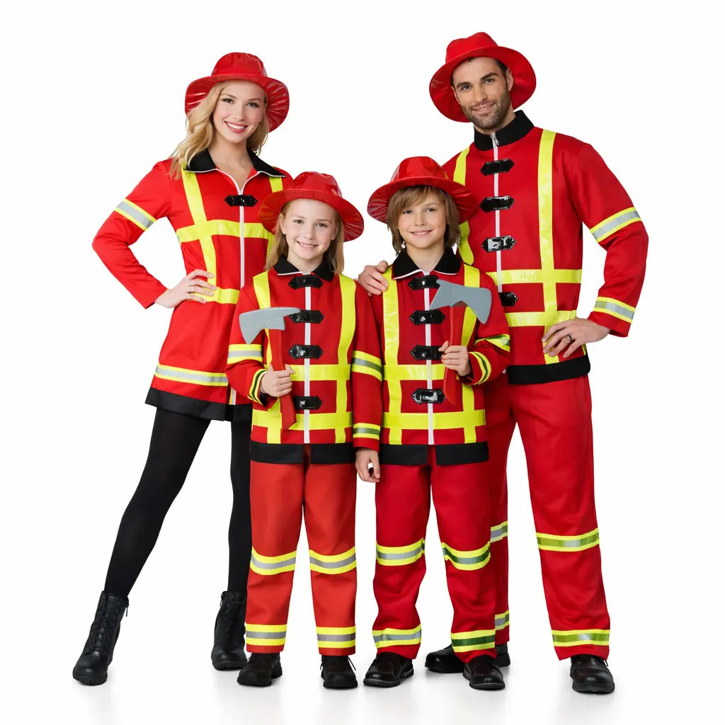Grupo de amigos disfrazados de bomberos en Carnaval con temática de profesiones y acción