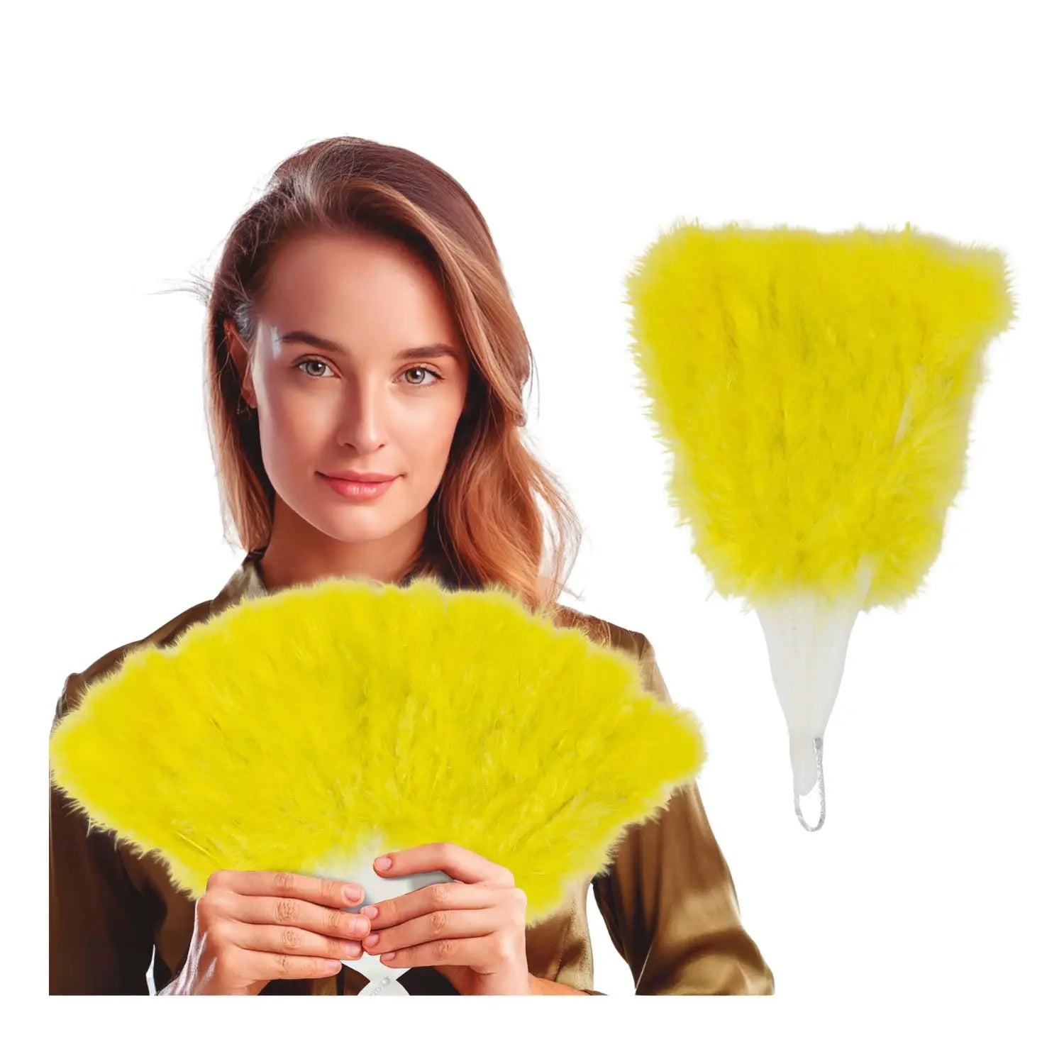 abanico de plumas amarillo como complemento para disfraz de cabaret burlesque o charlestón ideal para fiestas temáticas