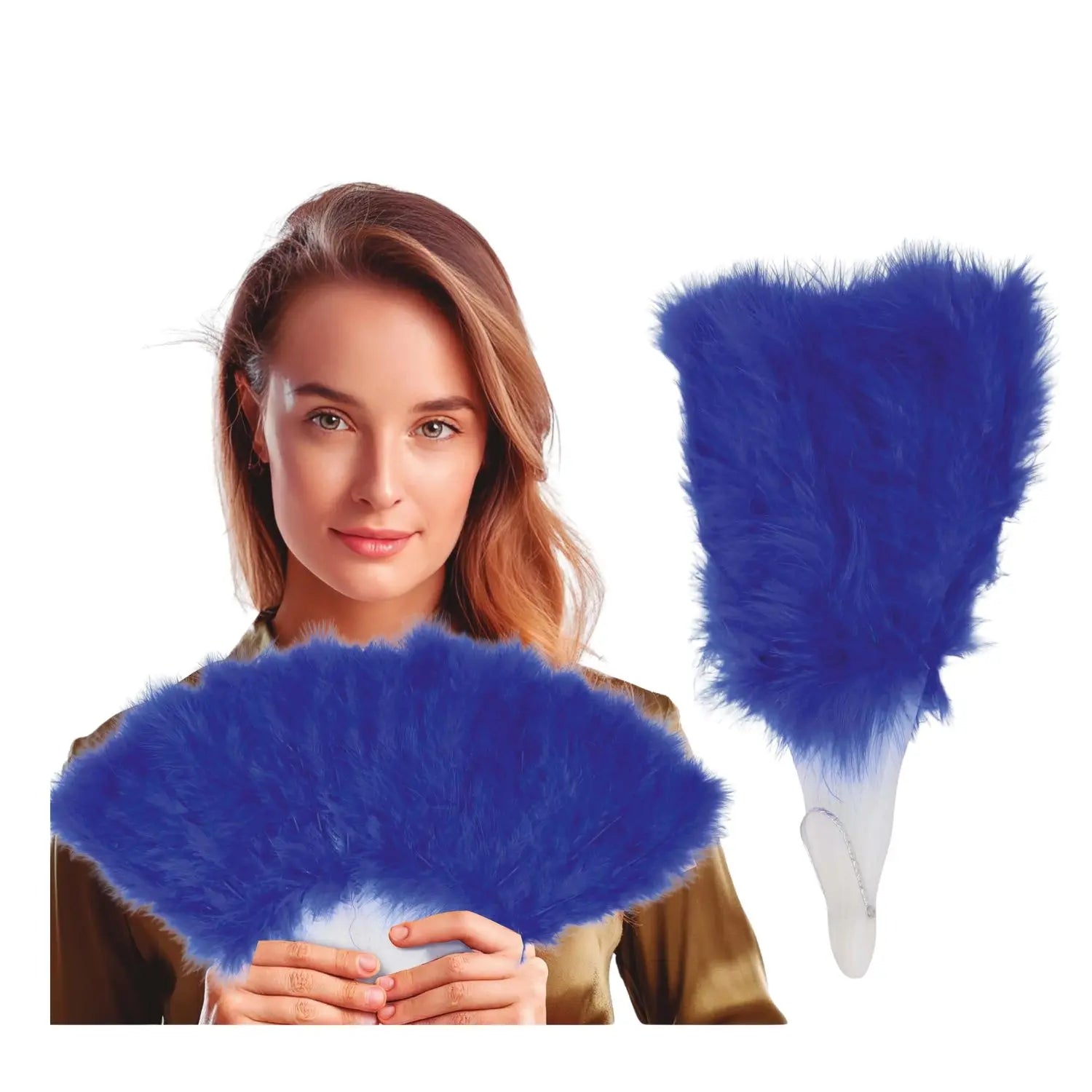 abanico de plumas azul como complemento para disfraz de cabaret burlesque o charlestón ideal para fiestas temáticas