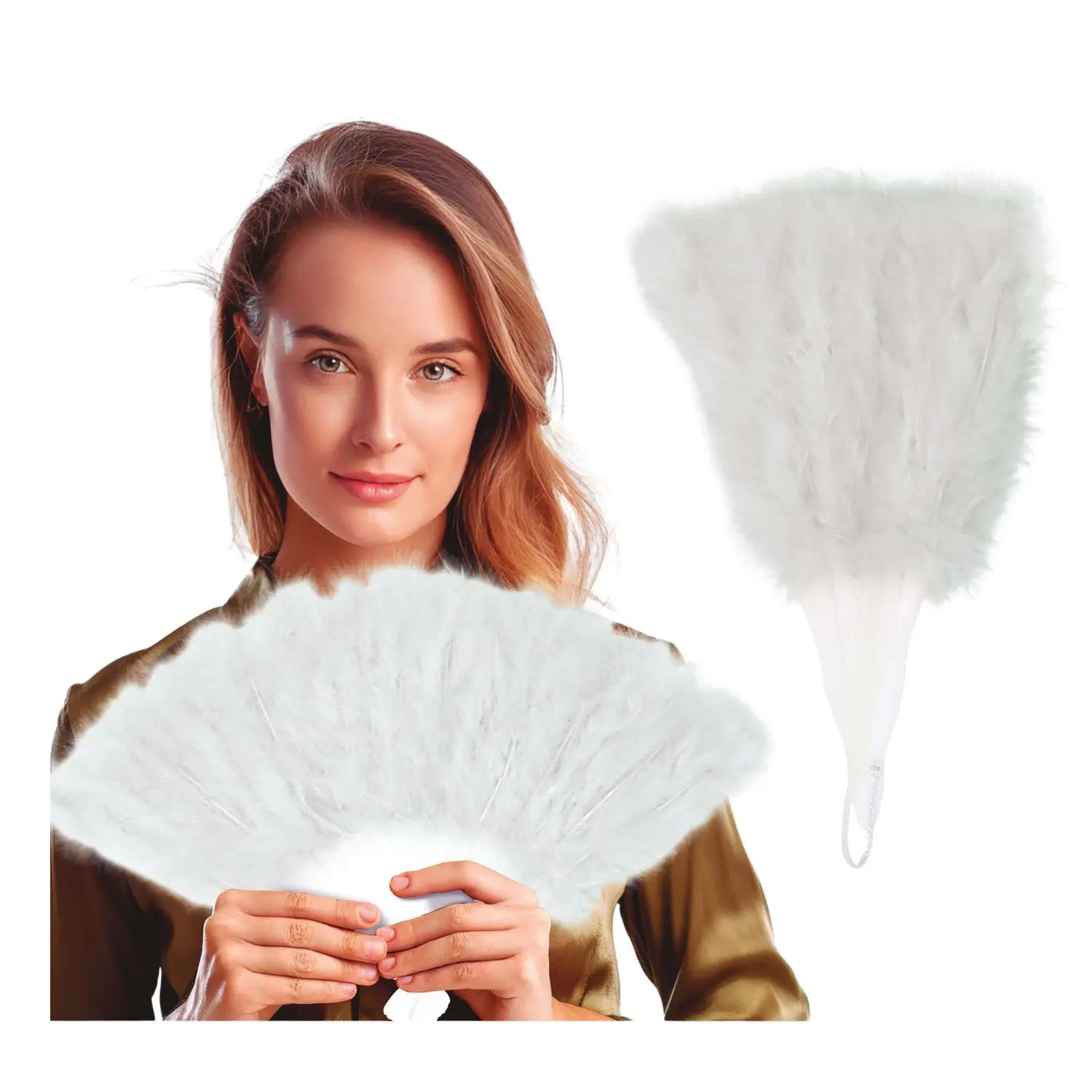abanico blanco de plumas como complemento para disfraz de cabaret burlesque o charlestón ideal para fiestas temáticas