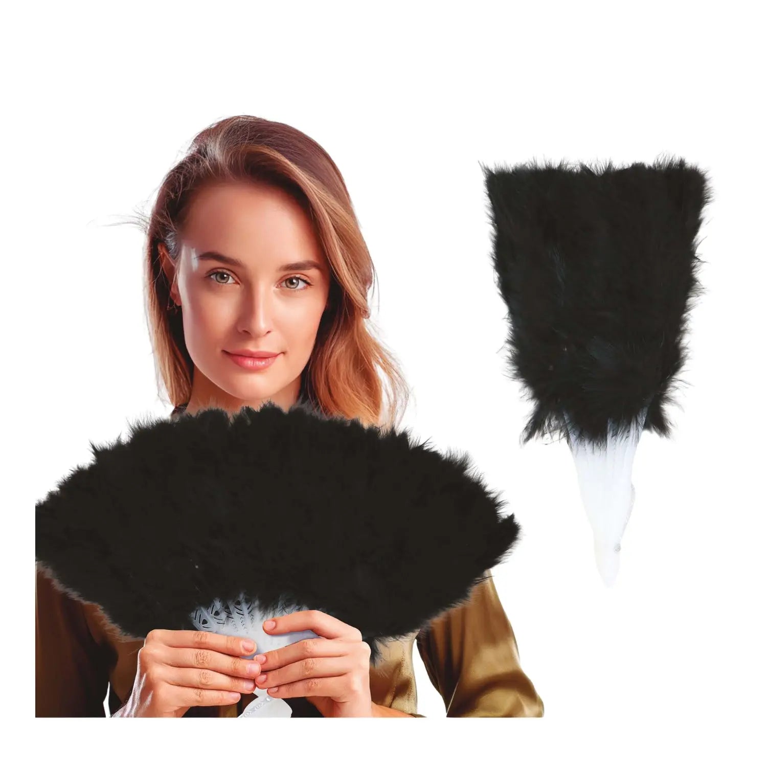 abanico de plumas negro como complemento para disfraz de cabaret burlesque o charlestón ideal para fiestas temáticas