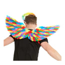 alas de plumas multicolor de 80 cm complemento para look de fantasía o arcoíris en fiestas temáticas
