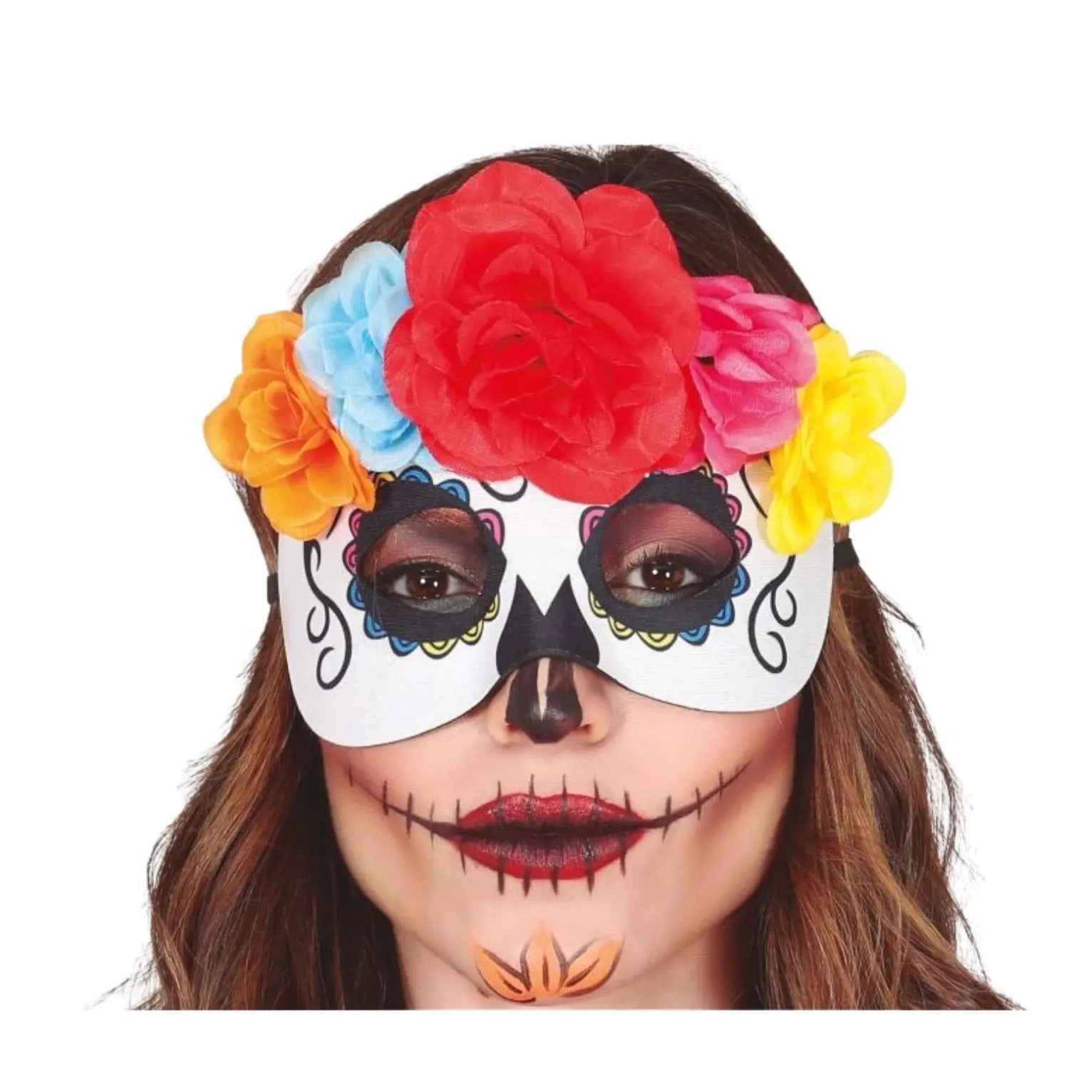 antifaz de catrina con flores de colores para look mexicano dia de los muertos en fiestas temáticas
