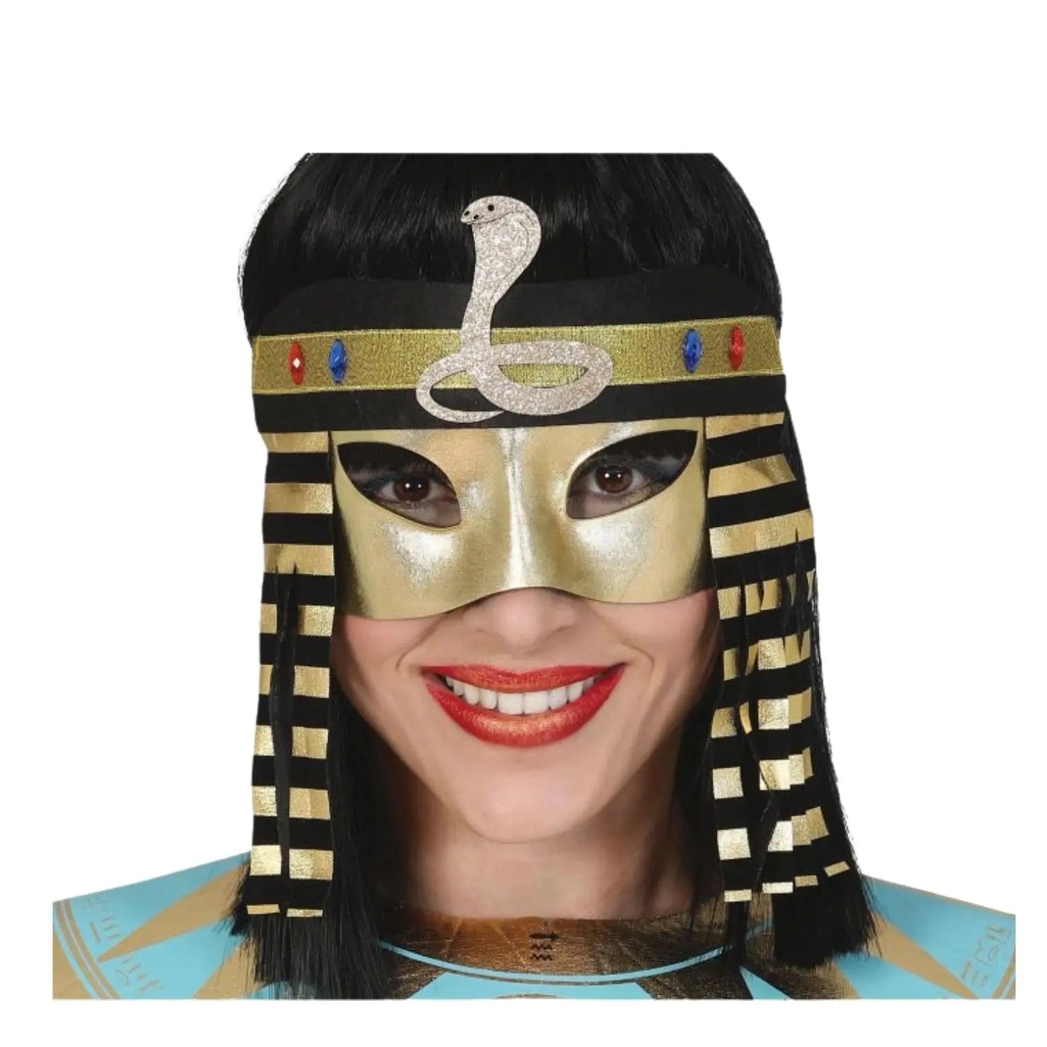 antifaz egipcio dorado con detalles y serpiente para look de faraon o reina egipcia en fiestas temáticas