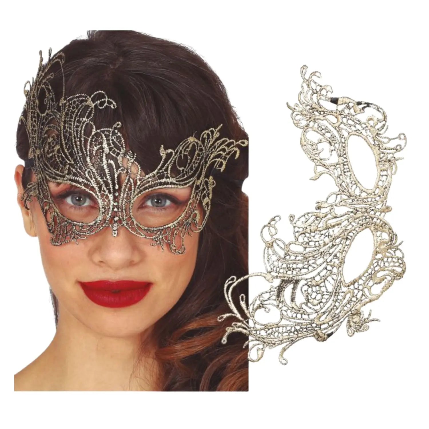 antifaz dorado de filigrana en tela para look elegante máscara o fiesta temática sofisticada
