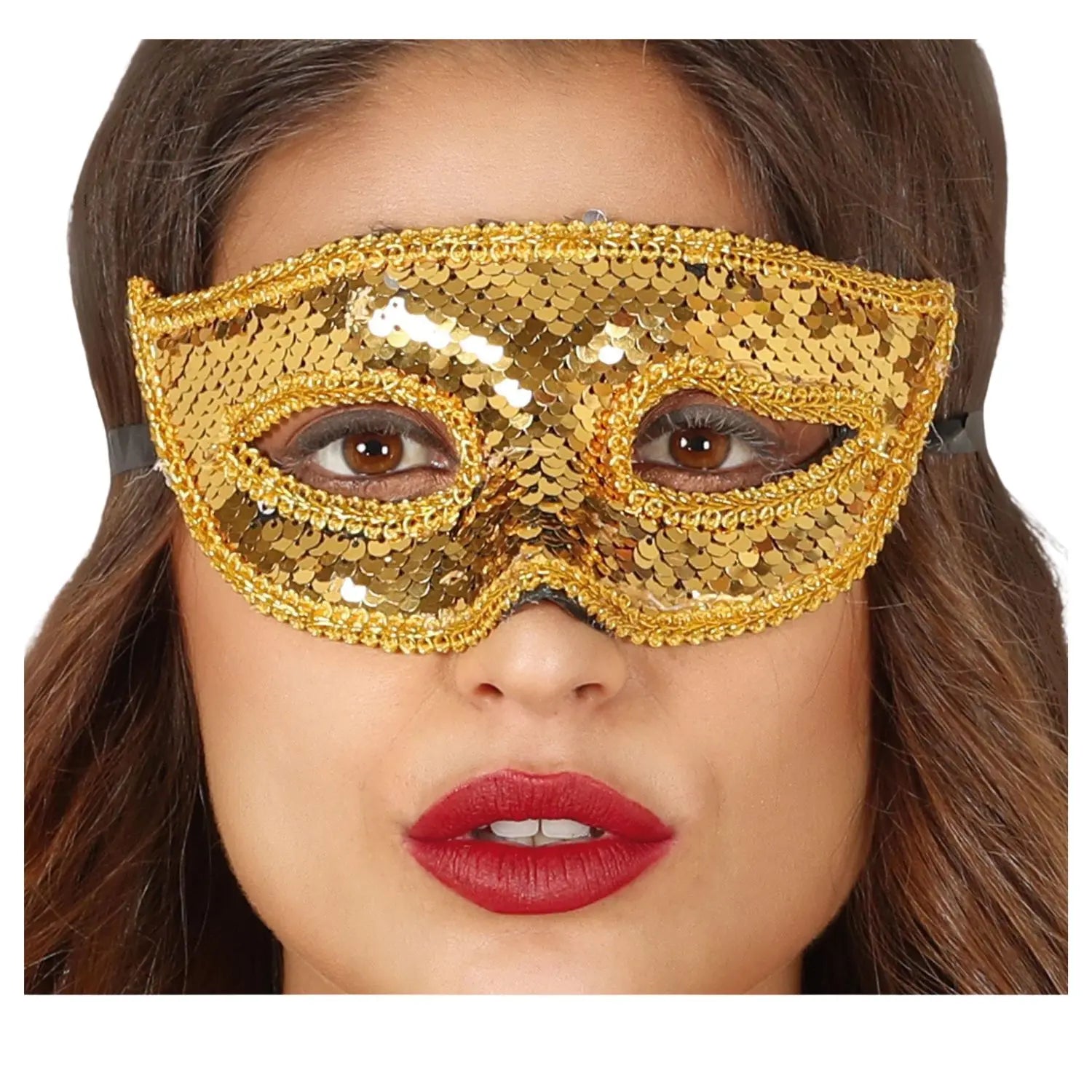Antifaz de lentejuelas oro para disfraces y bailes de máscaras
