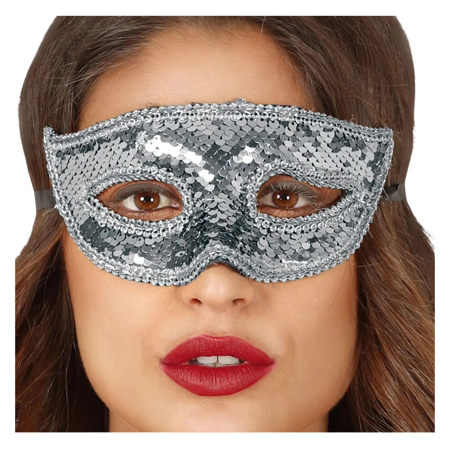 Antifaz de lentejuelas plata para disfraces y bailes de máscaras