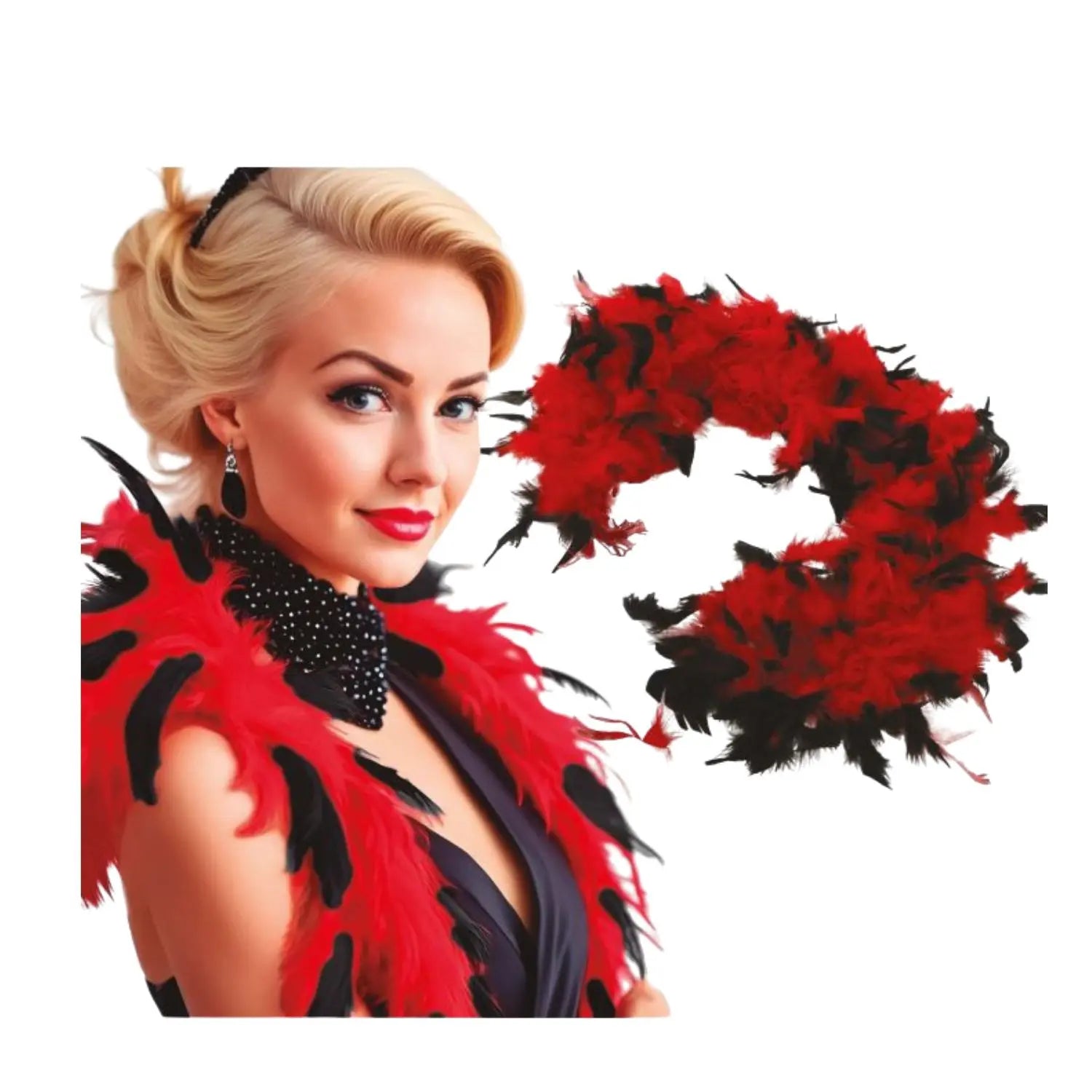 boa bicolor roja y negra de plumas complemento para look de cabaret o burlesque en fiestas temáticas
