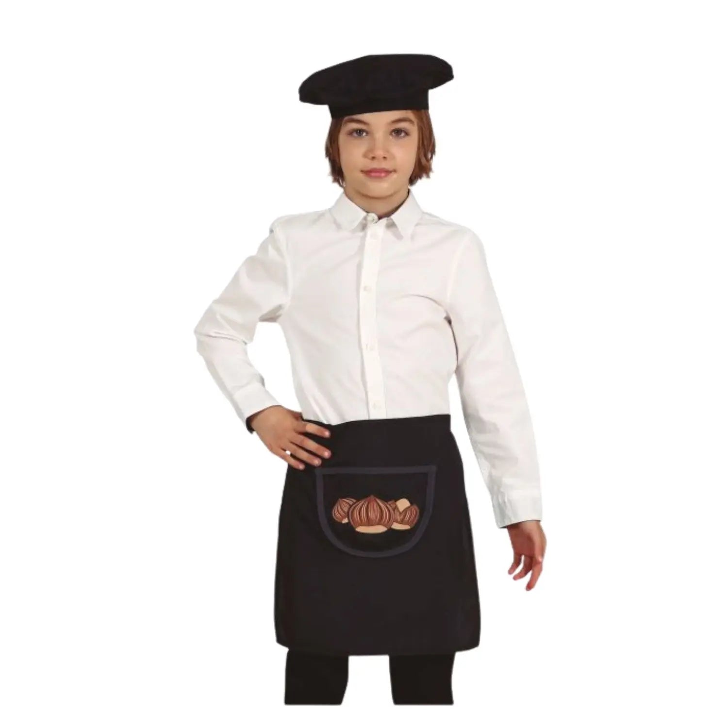boina y delantal negro infantil complemento para look de castañero en La Castañada o fiestas temáticas