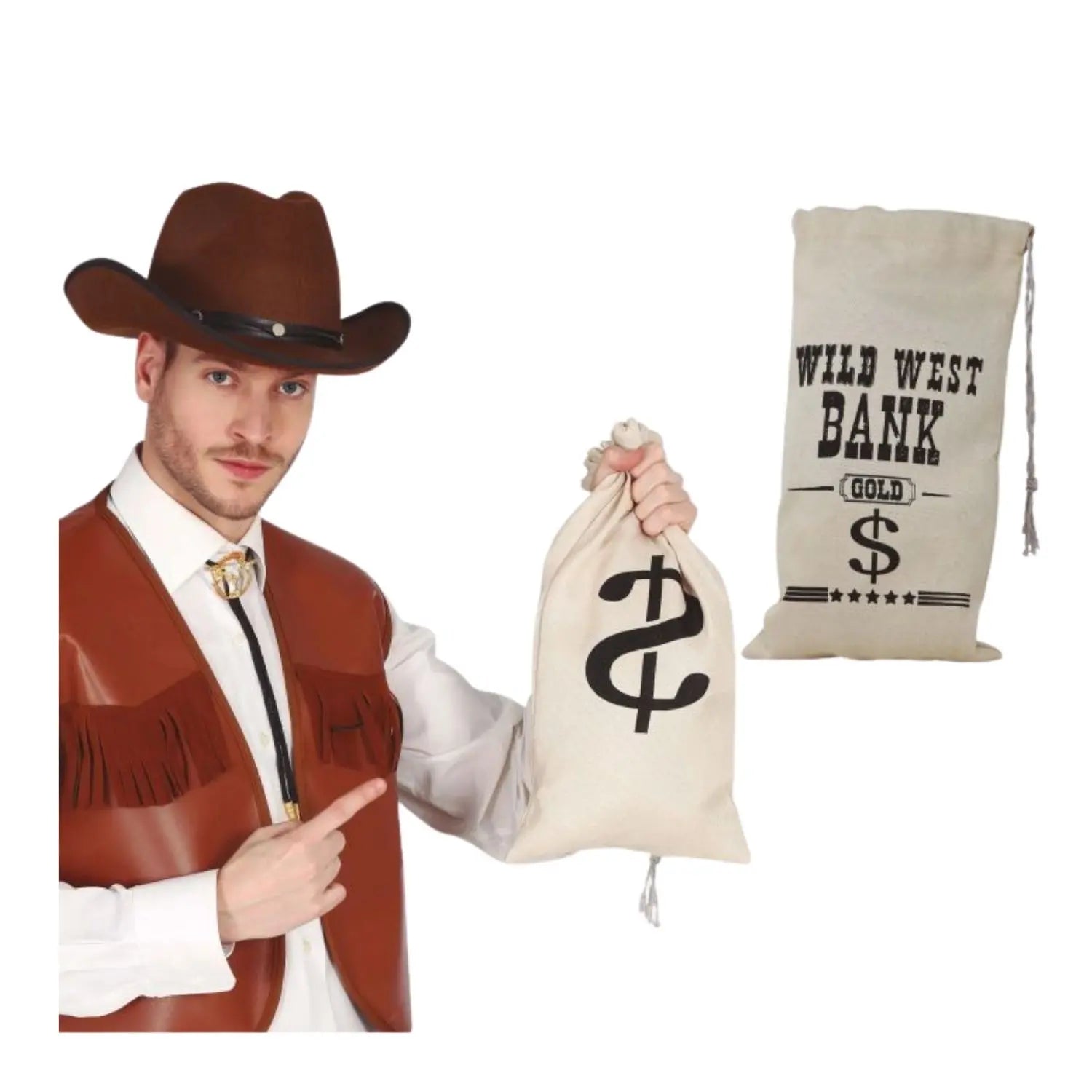 bolsa de dinero estilo cowboy con símbolo dólar complemento para look del lejano oeste o fiesta temática