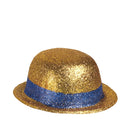 bombin dorado con escarcha y cinta azul para look elegante cabaret o fiesta en eventos y celebraciones