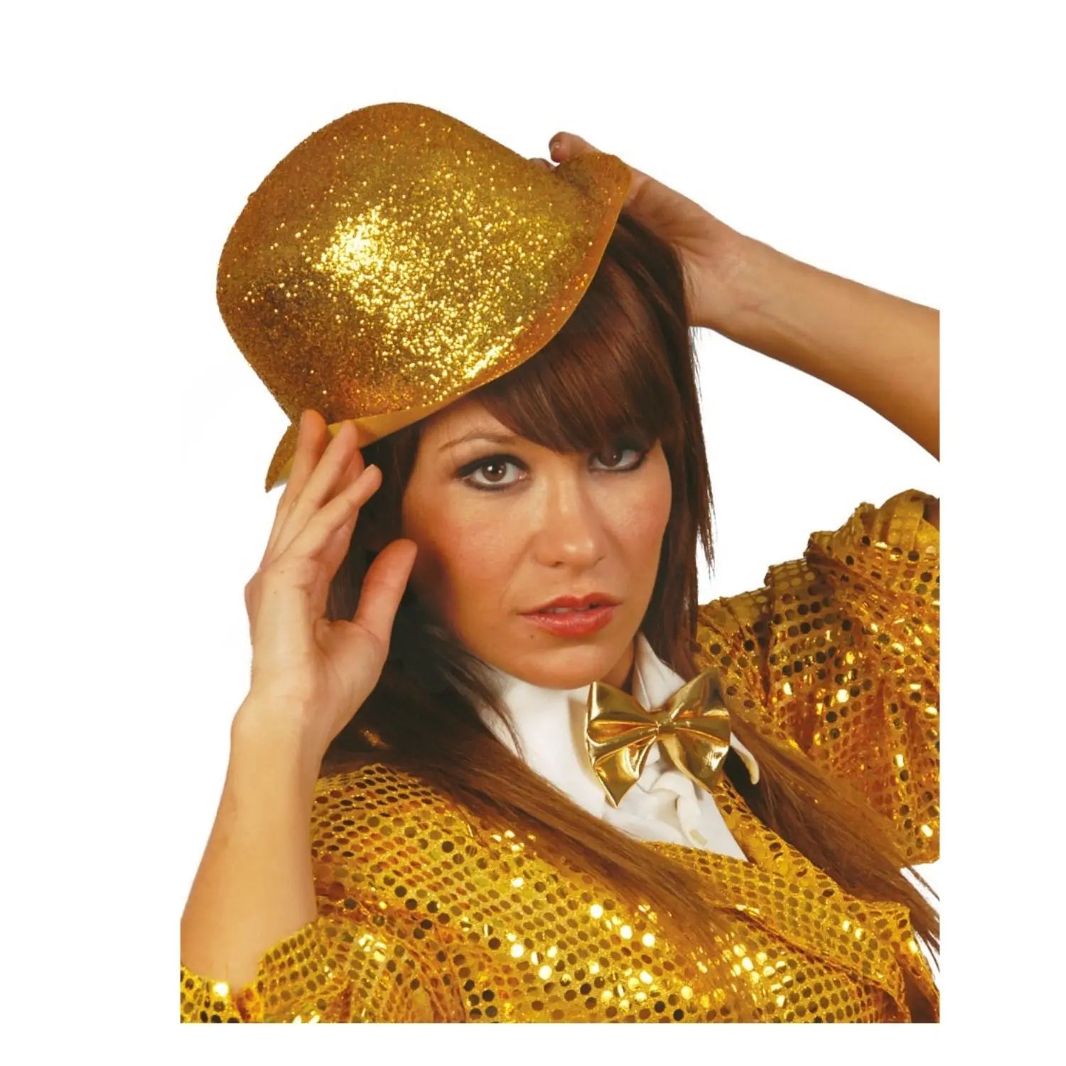 bombin dorado con escarcha para look de fiesta cabaret o nochevieja en eventos y celebraciones