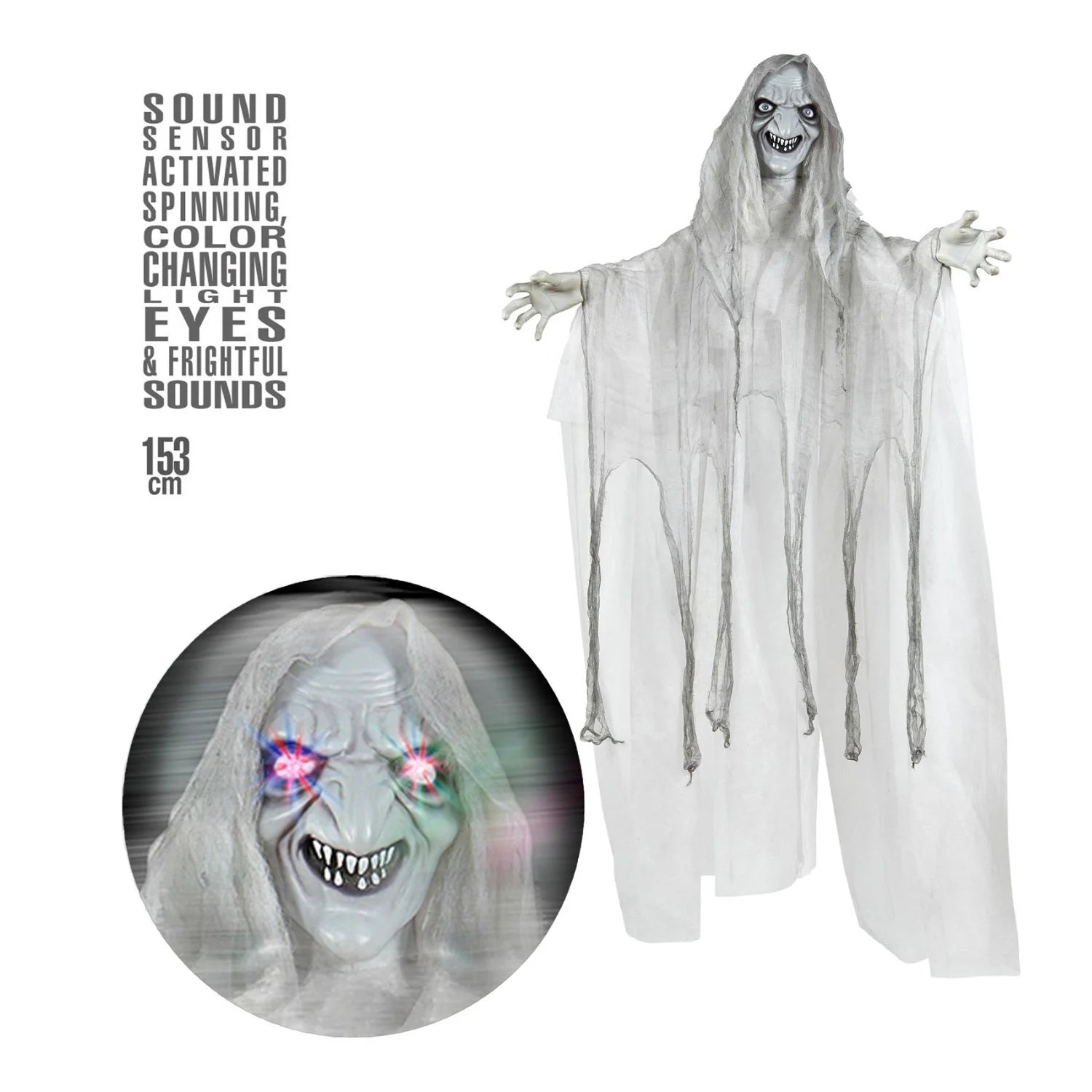Bruja animada giratoria 153 cm con ojos luminosos y sonido accesorio terror para Halloween y decoración
