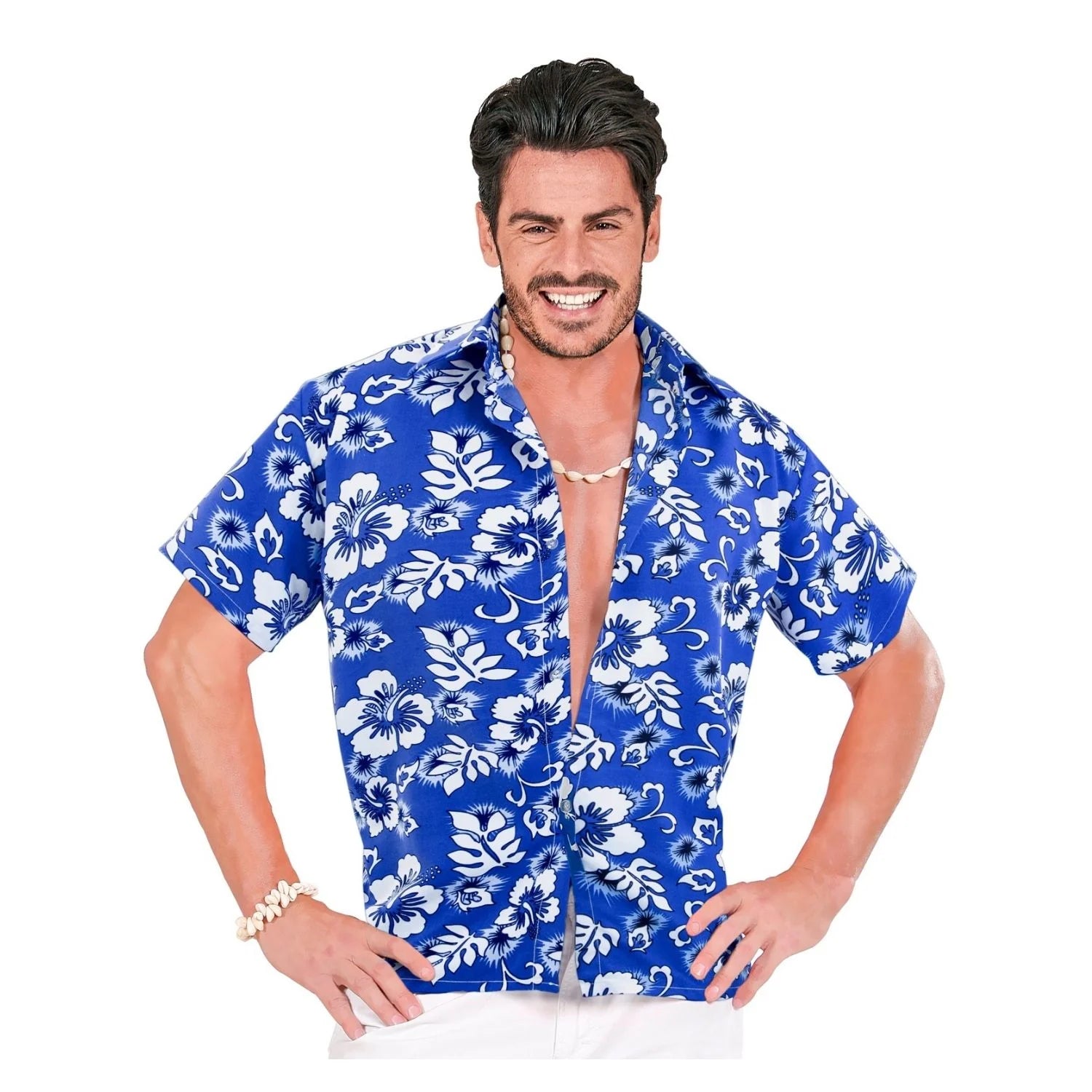 Camisa hawaiana azul para adulto con estampado tropical de palmeras