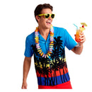 Camisa hawaiana azul para adulto con estampado de palmeras y atardecer tropical