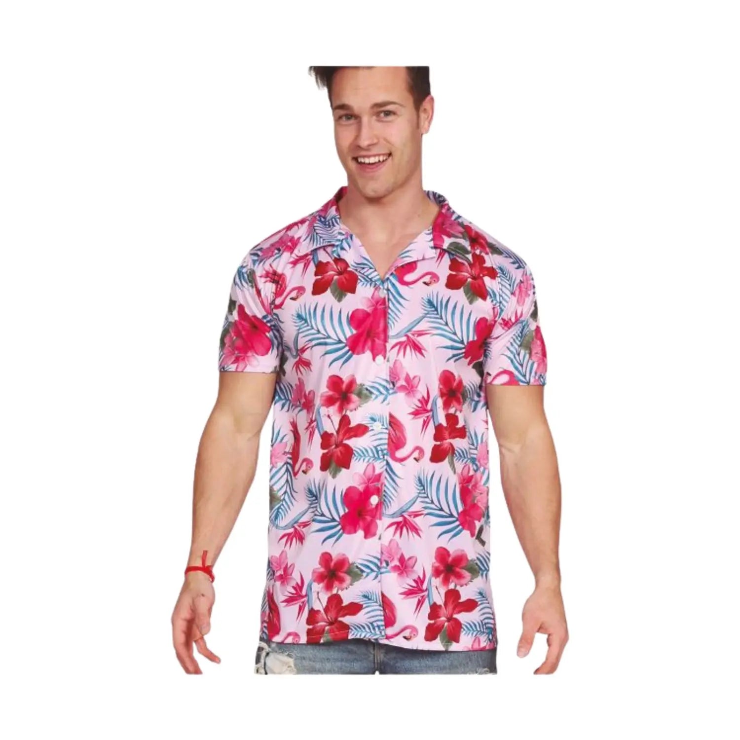 Camisa hawaiana de flamencos para hombre con estampado tropical ideal para fiestas de verano y temática hawaiana